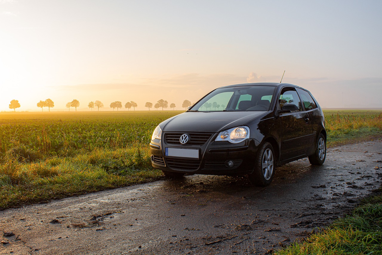 A small black volkswagen hatchback parked in the countryside.